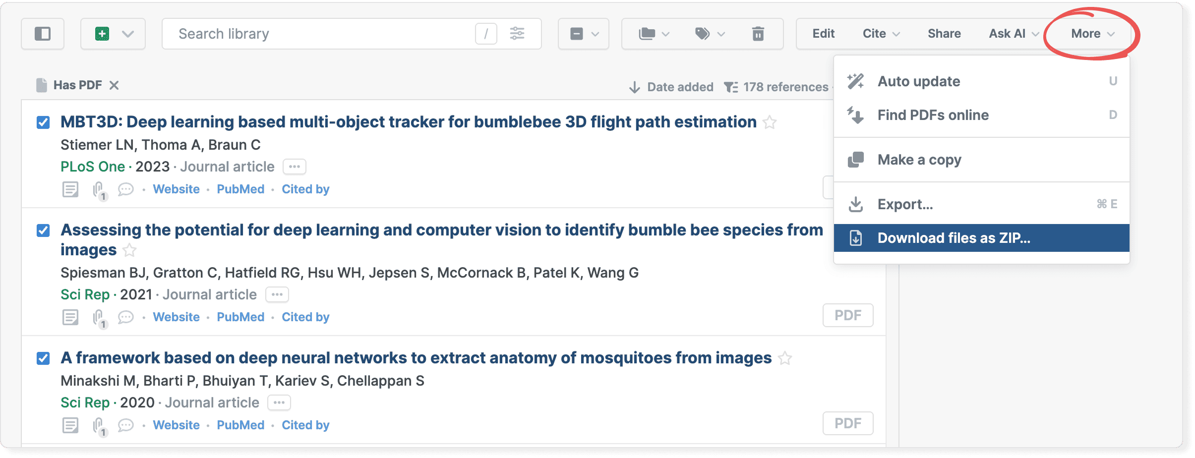 A library filtered by Has PDF with three references ticked and the circled More menu open, “Download files as ZIP…” highlighted below Auto update, Find PDFs online, Make a copy and Export…
